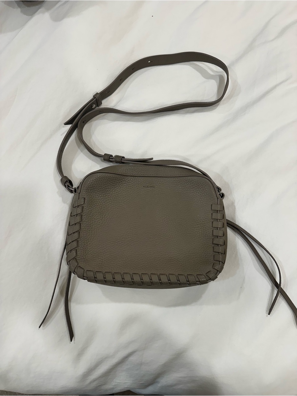 AllSaints Olive Taupe Leather Crossbody with Whipstitch Trim